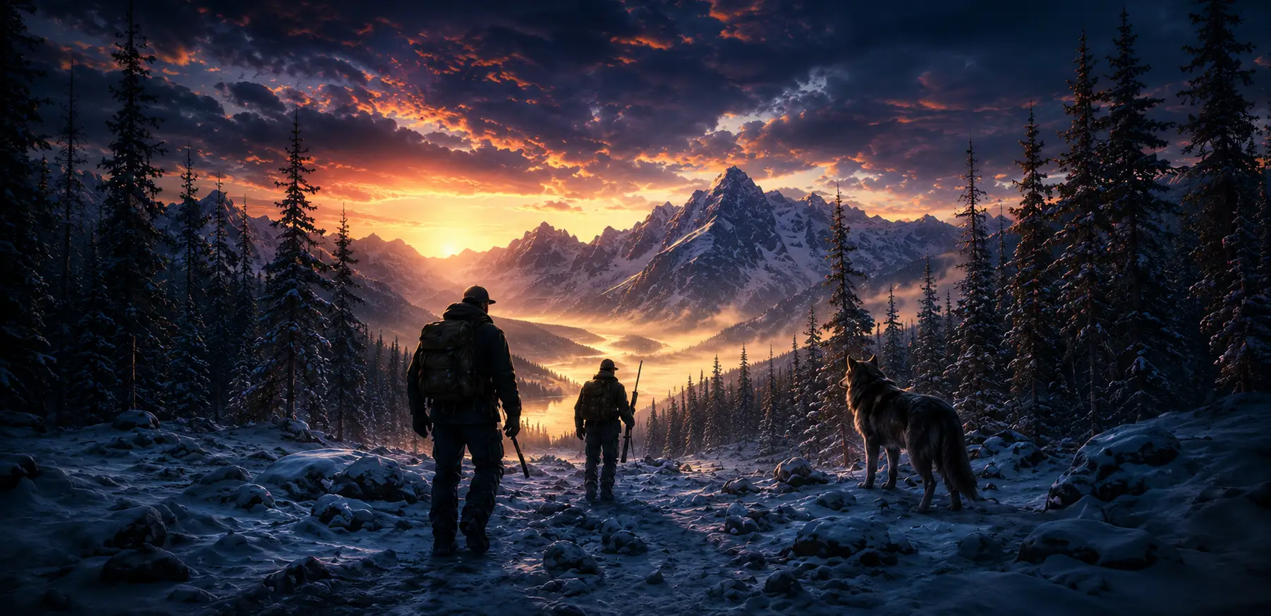 Two hikers and a wolf on a snow-covered mountain trail at dusk
